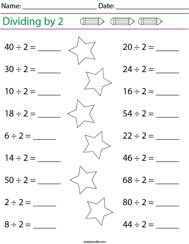 Dividing by 2 Math Worksheet - Twisty Noodle